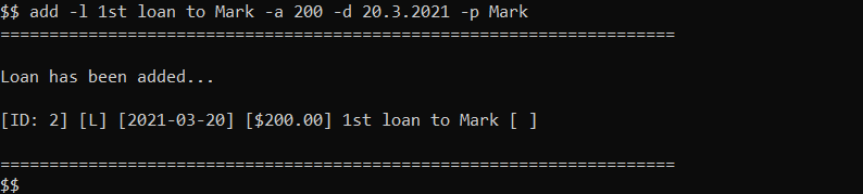 add loan example output