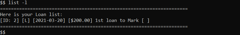 list loan example output